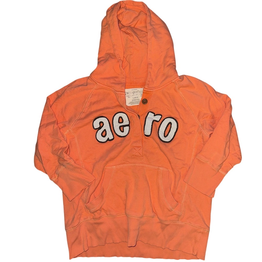 Aeropostale Orange Aero Applique Henley Hoodie Sweatshirt Womens Large Y2K